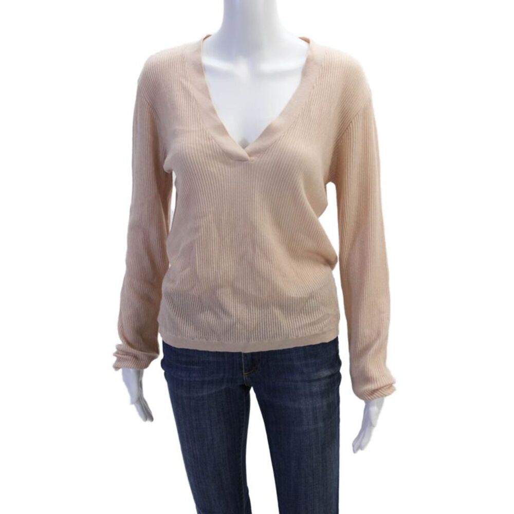 Grey Ven Womens Long Sleeve V Neck Ribbed Knit Sweater Pink Wool Size S/M